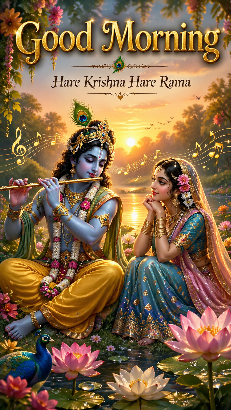 Good Morning Radha Krishna flute music at dawn with musical notes and lotus pond morning dew